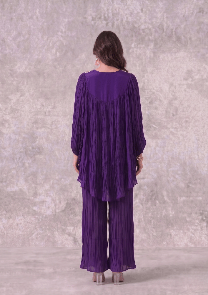 Crush Wine/Purple Embroidered Poncho Co-Ord Set with Palazzo (Code 107 - 3)