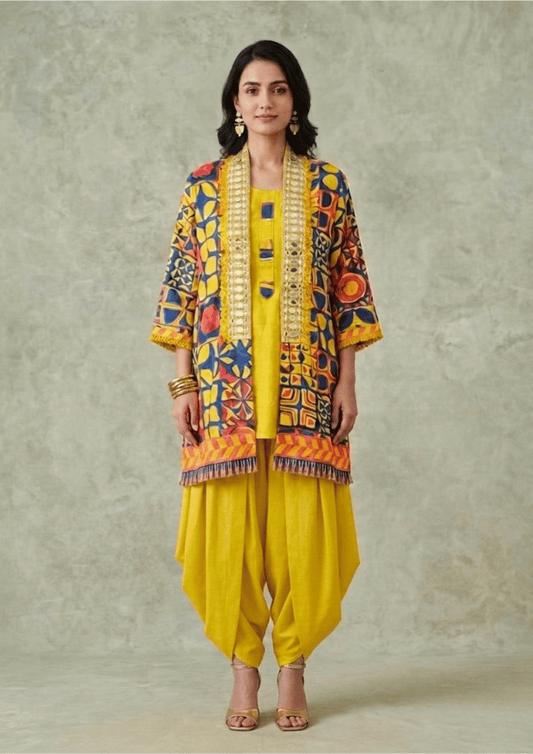 Yellow & Blue Printed Indo-Western Fusion Co-Ord Set with Mirror Work Jacket  (Code Ru - 10 (FL2164))