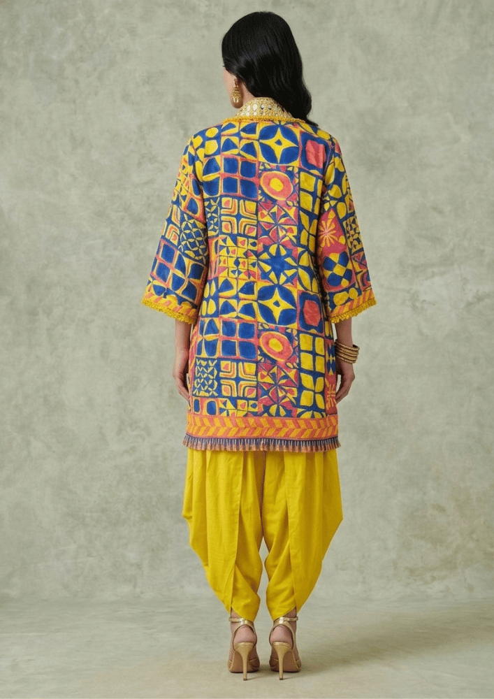 Yellow & Blue Printed Indo-Western Fusion Co-Ord Set with Mirror Work Jacket  (Code Ru - 10 (FL2164))
