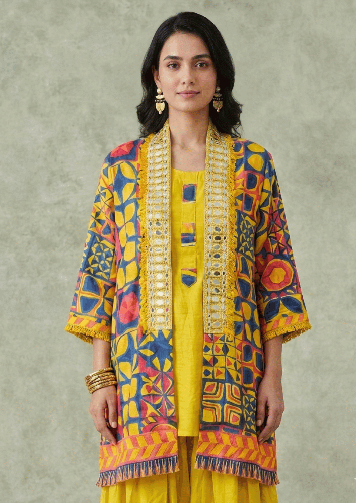 Yellow & Blue Printed Indo-Western Fusion Co-Ord Set with Mirror Work Jacket  (Code Ru - 10 (FL2164))