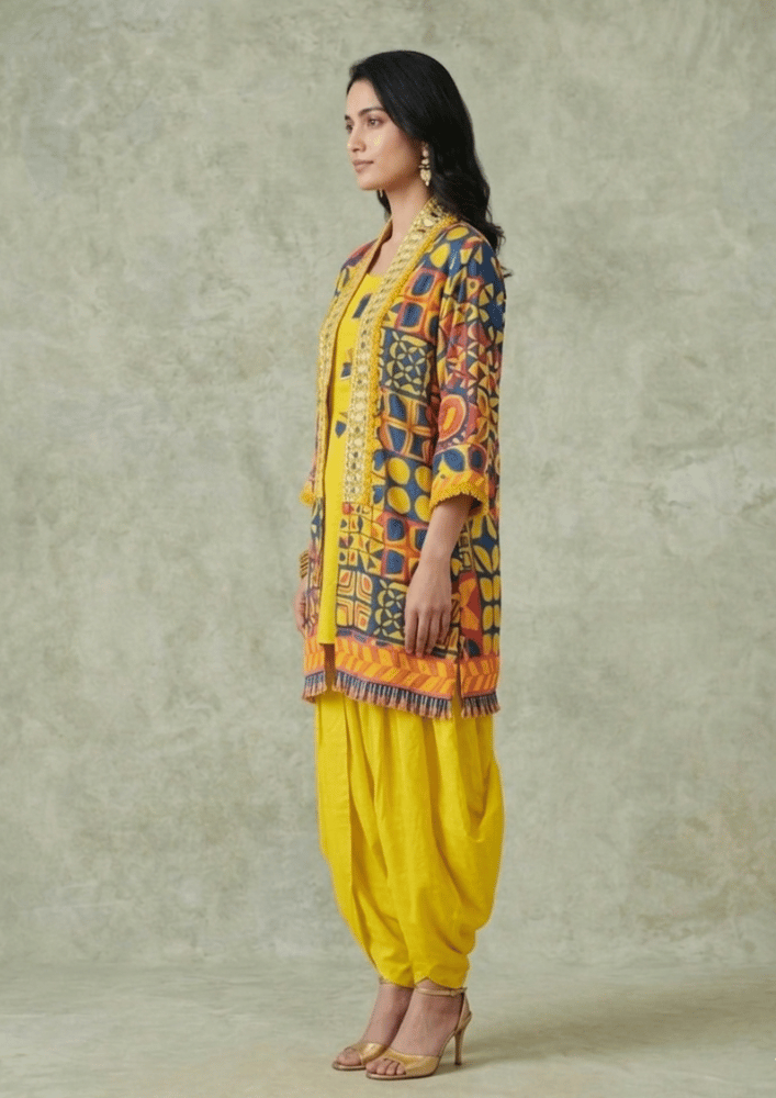 Yellow & Blue Printed Indo-Western Fusion Co-Ord Set with Mirror Work Jacket  (Code Ru - 10 (FL2164))