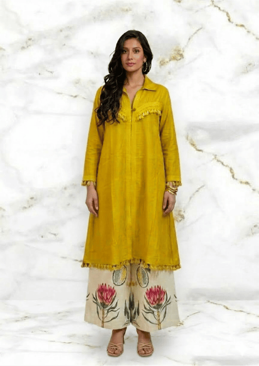 Yellow Indo-Western Shell Detail Co-Ord Set with Printed Palazzo (Code RU - 3 (2008))