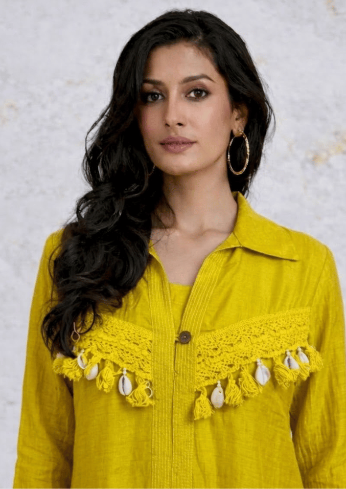 Yellow Indo-Western Shell Detail Co-Ord Set with Printed Palazzo (Code RU - 3 (2008))