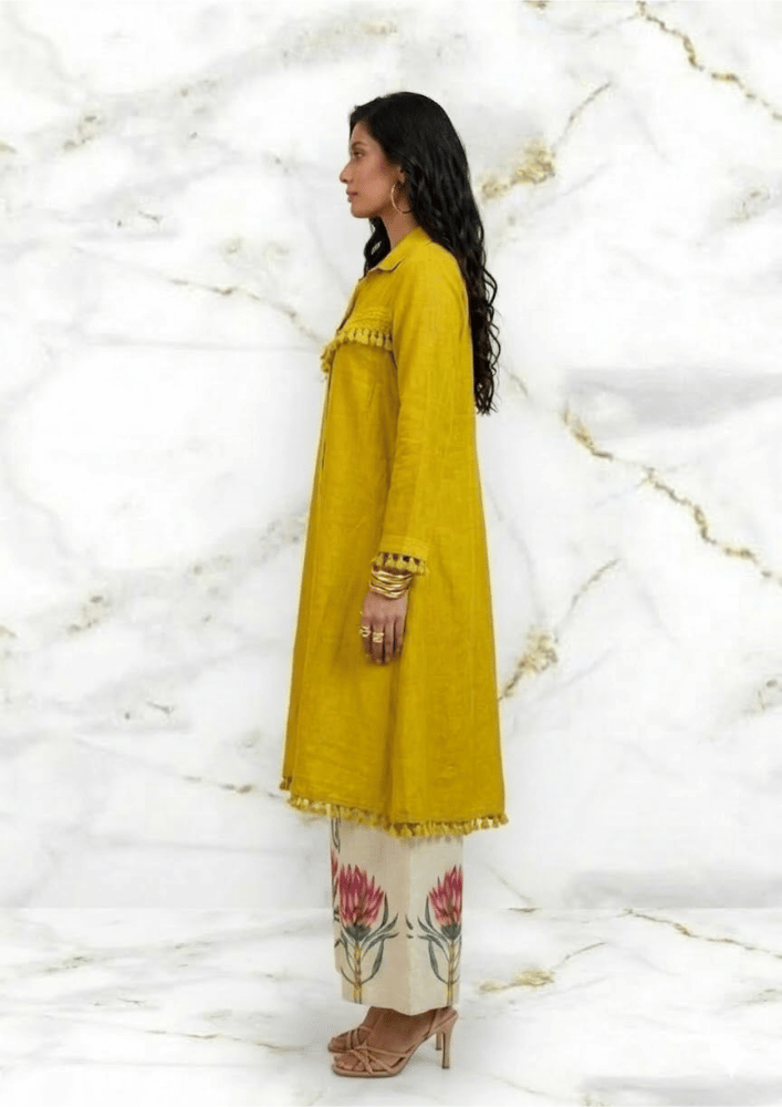 Yellow Indo-Western Shell Detail Co-Ord Set with Printed Palazzo (Code RU - 3 (2008))